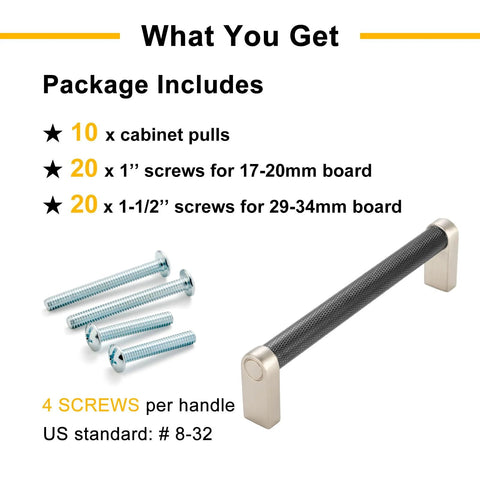Black And Nickel Knurled Cabinet Pulls Three And Three Quarter Inch Hole Centers Solid Metal Handles Pack Of Ten with screws