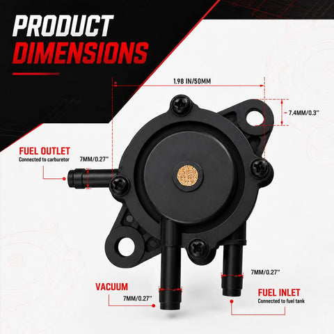 Top Shelf Precision Fuel Pump For Lawn Mower Engine Rolls Smooth Oem compatible unit dimensions with fuel outlet and inlet.