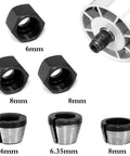 Six Piece Router Bit Collet Chuck Set With Six Millimeter Six Point Three Five Millimeter And Eight Millimeter Collets for drills