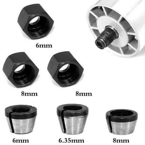 Six Piece Router Bit Collet Chuck Set With Six Millimeter Six Point Three Five Millimeter And Eight Millimeter Collets for drills