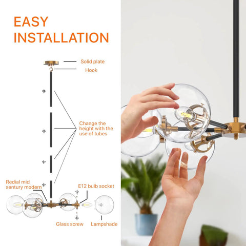Installation guide for Sputnik Chandelier Dope Mid Century Pendant Light With Glass Globe Shades, showing hands and components.