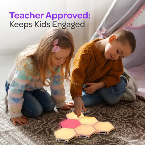Two children interacting with 7 Piece Tap Tap Sensory Lights Kit With Touch And Remote Control Multicolor Magnetic Hexagon Tiles on a carpet.