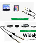 Three In One Beefed Up Shielded One Eighth Inch To Dual Quarter Inch TS Audio Y Cable Aux And USB C Compatible With Android Power Amplifier Speaker Headphone Mixing Console Four Point Two Six Feet showing connections to laptop and phone