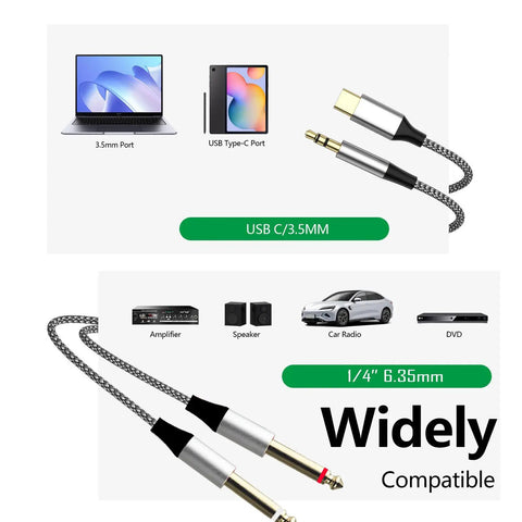 Three In One Beefed Up Shielded One Eighth Inch To Dual Quarter Inch TS Audio Y Cable Aux And USB C Compatible With Android Power Amplifier Speaker Headphone Mixing Console Four Point Two Six Feet showing connections to laptop and phone
