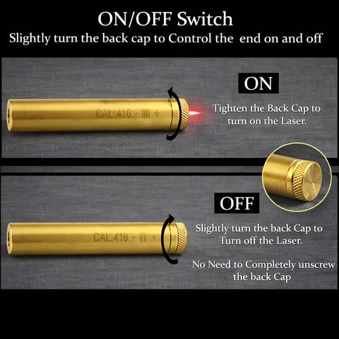 410 Gauge Red Dot Laser Bore Sighter with on-off switch for rifle training and scope alignment.