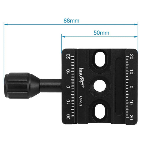 Arca Swiss Compatible 50mm Screw Knob Clamp Adapter for Quick Release Plates Fits Camera Tripod Ball Heads and Monopods Captive Knob With Safety Stop Grooves M6 Mount and Three Eighths Inch Threaded Hole for Versatile Rig, 88mm aluminum clamp