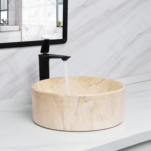 16 Inch Marbled Round Vessel Sink With Pop Up Drain For Bathroom Ceramic Above Counter Countertop Sink Large Dope Modern European Style With Sleek Shine And Rich Marble Look