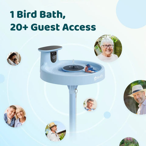 Solar Powered Bird Bath Camera With Dual Lens For Wild Bird Watching Real Time Views And Auto Video Capture Motion Detection Alerts Fountain Fun Sturdy Stand AI Lifetime shown on a pole with people in circular frames