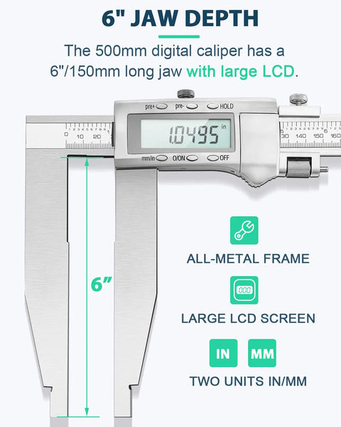 20 Inch Digital Caliper With 6 Inch Jaw Depth All Metal Frame Large LCD Display 0.0005 Inch And 0.01 mm Resolution shown.