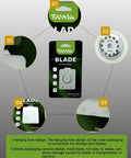 Image showcasing five major packaging advantages of TAIMA blade, including hanging hole, stable packaging, easy access, clear display, and recycling.