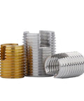 Three self tapping thread inserts in silver and gold for M2 to M16 repair, ideal for fixing damaged threads in cars and gear.