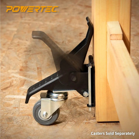Four Pack Quick Release Workbench Caster Plate with Pin attached to wooden bench for tool-free mobility.