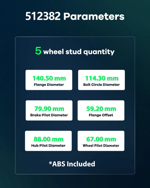 Specifications chart for Rear Wheel Hub Bearing Assembly 512382 For Mitsubishi Lancer 2008 2015 Outlander 2007 2012 And Outlander Sport 2011 2012 With ABS 5 Lug Beefed Up Heavy Duty Metal Build Induction Hardened Raceway Built To Last, showing dimensions and ABS included.