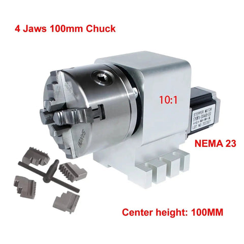 4 Jaw 100mm Chuck connected to NEMA23 stepper motor for Built Tough For Serious Fab Work This Precision CNC 4th Axis Rotary Table.