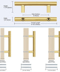 Diagram showing Set Of 30 3 Inch Center Hole Brushed Gold Cabinet Pulls Stainless Steel Rustproof Kitchen Cabinet Handles dimensions and screws