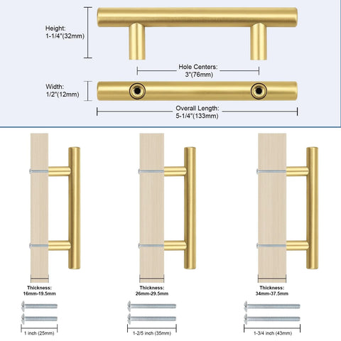 Diagram showing Set Of 30 3 Inch Center Hole Brushed Gold Cabinet Pulls Stainless Steel Rustproof Kitchen Cabinet Handles dimensions and screws