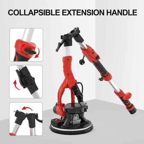 Heavy Duty 810W Drywall Sander With Vacuum Attachment And LED Light Variable Speed 900 To 1800 RPM, collapsible extension handle
