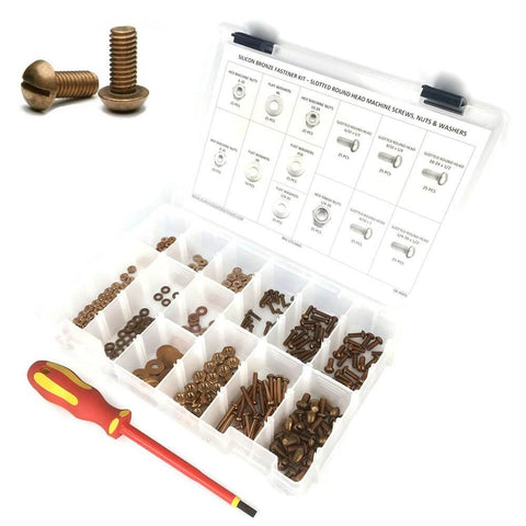 Silicon Bronze Electrical Screw Kit With Nuts And Washers And Insulated Screwdriver 377 Pieces In Compartments Box