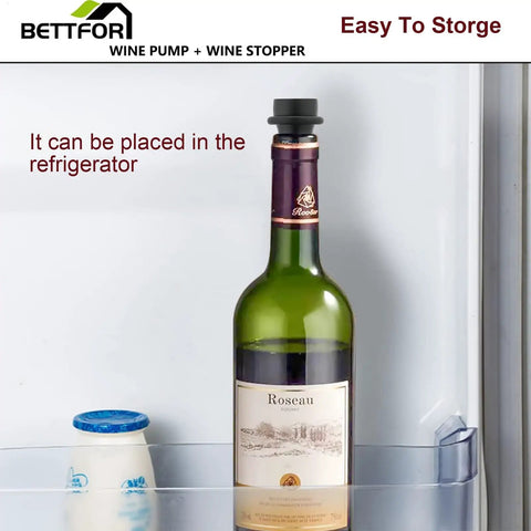Wine Saver Vacuum Pump Kit With Four Silicone Stoppers Keeps Opened Wine Fresh For Up To Seven Days in refrigerator.
