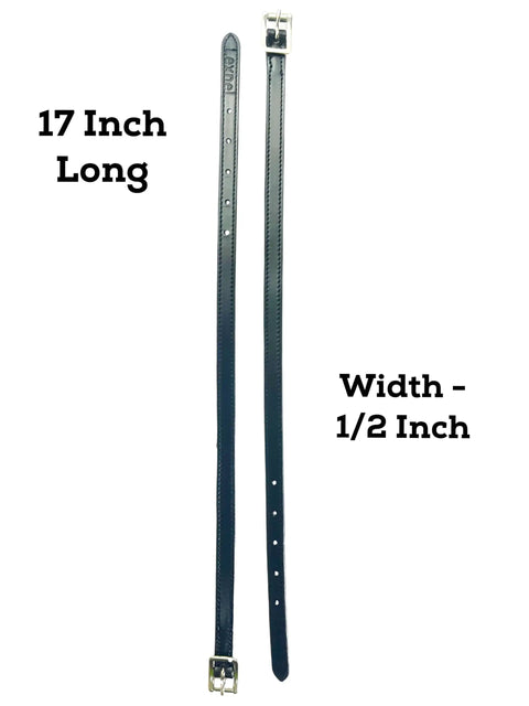 Equestrian Leather Spur Straps Set of 2, 1/2 Inch Wide by 17 Inches Long, Black Leather With Stainless Steel Buckles, front view
