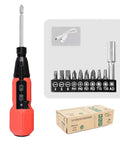 Slick Cordless Electric Screwdriver With Built In Led Light with various bits and USB cable on display with packaging.