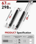 Straight Up Heavy Duty Gas Struts 20 Inch 67 Lbs Lift Supports With Mounting Brackets; specifications showing length and weight.