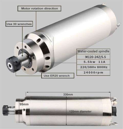 Powerful Water Cooled CNC Spindle Motor 5.5KW 380V 11A 24000 RPM With ER25 Chuck And 4 Hole Aerial Plug 120mm Diameter top and side view