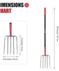 Dimensions chart for 5 Tine Pitch Fork Heavy Duty Manure Fork With Long Fiberglass Handle 58 Inch