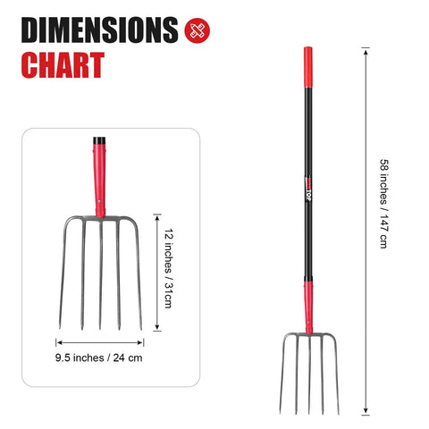 Dimensions chart for 5 Tine Pitch Fork Heavy Duty Manure Fork With Long Fiberglass Handle 58 Inch