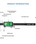 Rechargeable Digital Caliper With USB Type C, Large Backlit LCD Display, 6 Inch Stainless Steel Vernier Caliper, Auto Off Energy Saver, Easy Switch From Inch To Metric Or Fraction, Perfect For DIY And Home Projects, labeled parts view