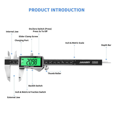 Rechargeable Digital Caliper With USB Type C, Large Backlit LCD Display, 6 Inch Stainless Steel Vernier Caliper, Auto Off Energy Saver, Easy Switch From Inch To Metric Or Fraction, Perfect For DIY And Home Projects, labeled parts view