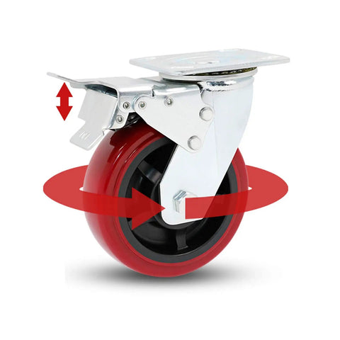Heavy Duty Swivel Castor Wheels With Precision Ball Bearings featuring a glossy red polyurethane tread and galvanized steel base.