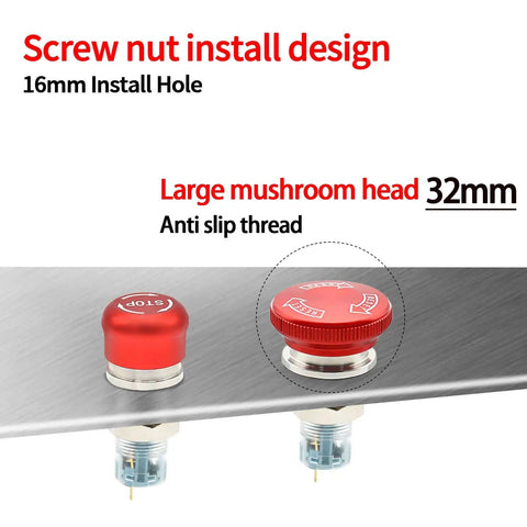 Heavy Duty 16mm Latching Emergency Stop Push Button Switch With 32mm Head In Stainless Steel 304, Wired Socket, 1NO 1NC, side view