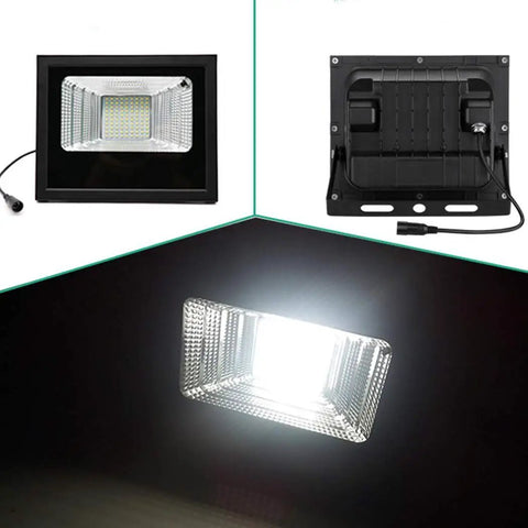 JUDYSSY Outdoor Remote Solar Flood Lights Led Solar Panels with Charging Indicator, showing front and back views of the light.
