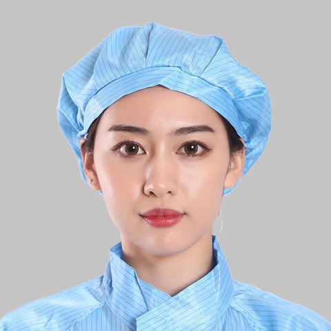 Close-up of woman wearing No Sweat Antistatic Work Caps Featuring Ventilated Mesh Window Durable Dust Proof Headgear.