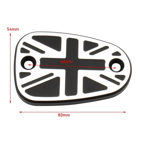 Triumph Motorcycle Brake Reservoir Cap CNC Aluminum Anodized Oil Fluid Cap For Bonneville T100 T120 2016 And Up Thruxton 1200 2016 No Fuss Upgrade Today, Union Jack design, 80mm x 54mm dimensions, black and silver finish.