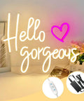 Image of Hello Gorgeous Neon Sign For Girls Bedroom Wall Decor LED Light With Warm White Glow Perfect For Birthday Parties Weddings And Gifts 16.7x12.3 Inches Great Gift Idea with dimmer and power adapter