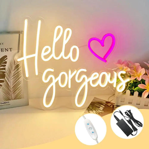 Image of Hello Gorgeous Neon Sign For Girls Bedroom Wall Decor LED Light With Warm White Glow Perfect For Birthday Parties Weddings And Gifts 16.7x12.3 Inches Great Gift Idea with dimmer and power adapter