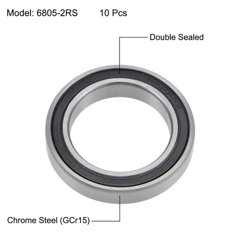 Front view of 6805-2RS deep groove ball bearing, chrome steel, double sealed, 25mm ID x 37mm OD