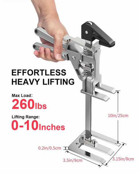 Two Pack Heavy Duty Labor Saving Arm Jack Lifts Up To Ten Inches, all metal hand lifting tool with max load 260 lbs shown in use.