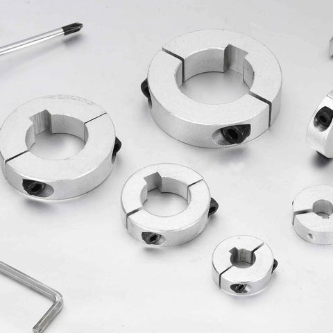 Two Pack Shaft Collar Set With Half Inch Bore Built Tough Heavy Duty Double Split Design One And Three Sixteenths Inch Outer Diameter Three Eighths Inch Thick Aluminum Clamping Style Locking Collars For CNC Machines, Conveyors, And Machinery, shown in assorted sizes