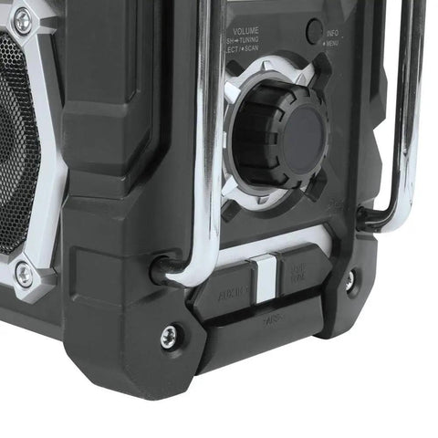 Close-up of control knobs on 18V LXT Cordless Bluetooth Job Site Radio With FM Stereo Clock And Snooze Menu Controls Built Tough