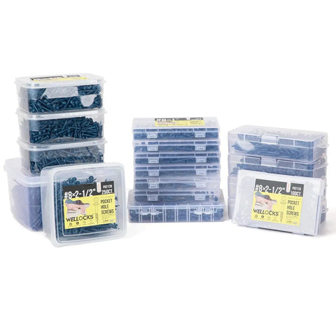 Pocket Hole Screws Size Eight By One And A Quarter Inch Five Hundred Pack Blue Exterior Wood Screws stacked in clear boxes