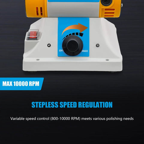 Industrial Strength Bench Buffer And Jewelry Polisher With Variable Speed Drive 320W Motor showing speed control dial for 800 to 10000 RPM.