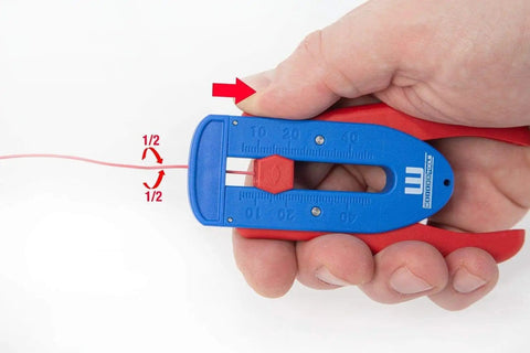 Hand using Precision Wire Stripper S Built For Righties And Lefties With Infinitely Adjustable Stripping Range 0.12 mm to 0.8 mm