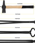 Heavy Duty Beefy Blacksmith Tools Set For Knife Making With V Bit Blade Tongs Set And Forge Hammer displayed with dimensions