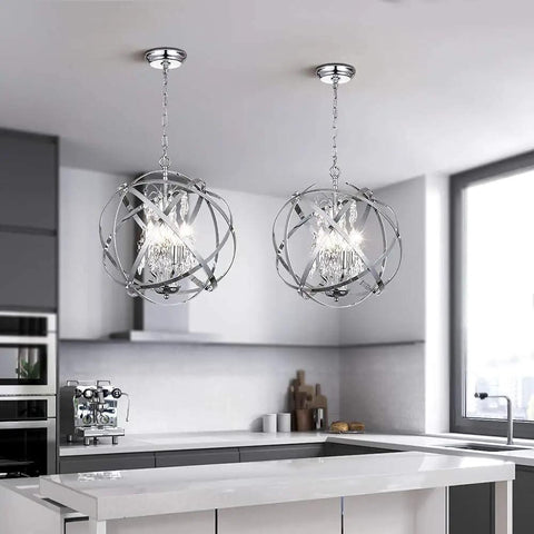 Globe Four Light Crystal Chandelier With Industrial Sphere Cage Chrome Finish Adjustable Hanging Pendant Lighting in kitchen view