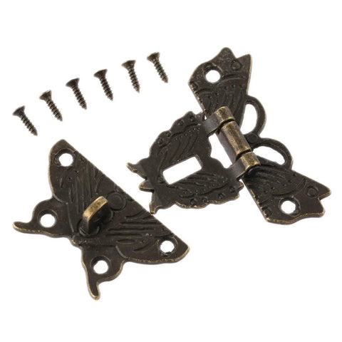 Old School Antique Butterfly Box Hasp Lock with Screws 50x43mm, vintage iron latch for jewelry box, hinged open view
