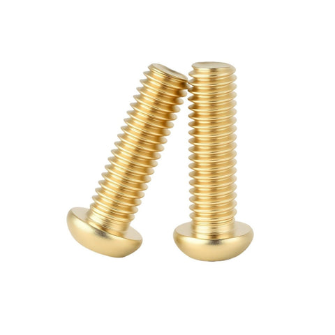 Tough As Nails Brass Machine Screws M4 Four Millimeter Round Head Cross Drive Fasteners For Stubborn DIY And Electrical Mods 35mm showing two shiny brass screws.