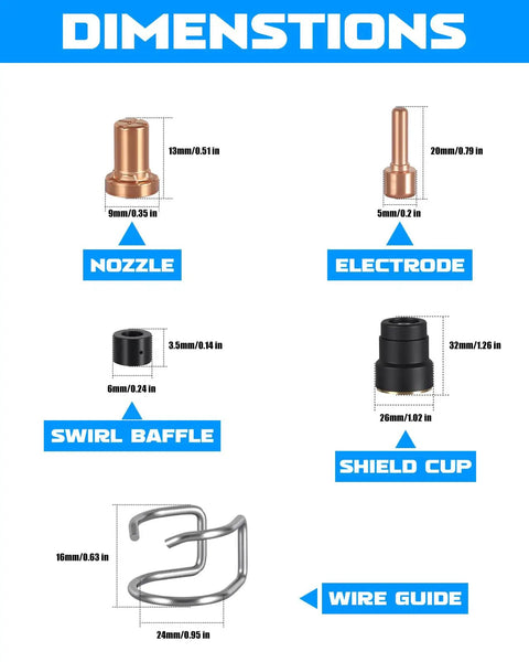Dimensions of Plasma Cutter Torch Consumables Kit For Cut 55L Includes 10 Electrodes 10 Nozzles 3 Shield Cups 5 Swirl Baffles And 5 Wire Guides A 33 Piece Set For Quick Replacement And Smooth Cutting Performance For Pros, showing nozzle, electrode, swirl baffle, shield cup, wire guide dimensions.